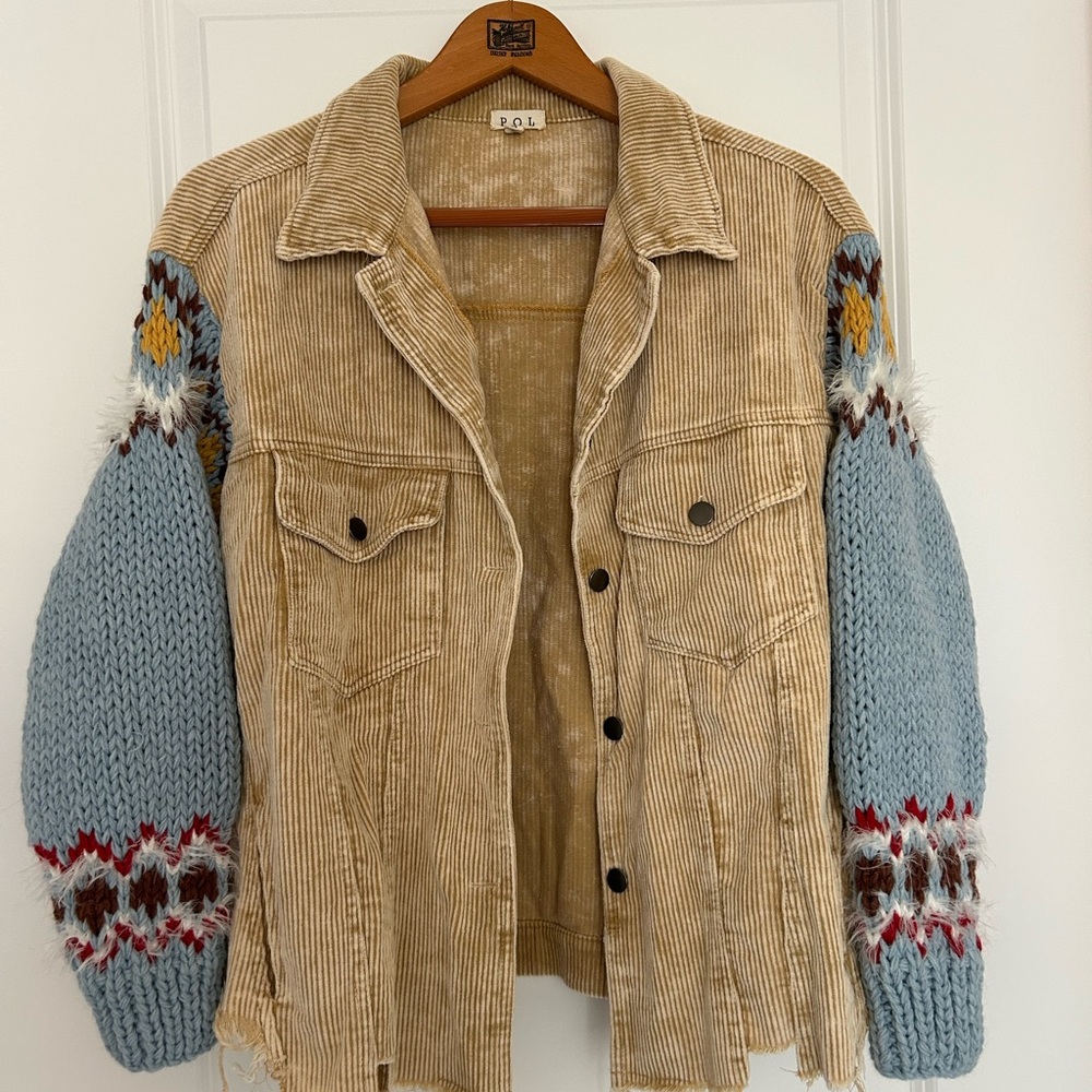 POL Women's Corduroy Jacket with Blue Knit Sleeves